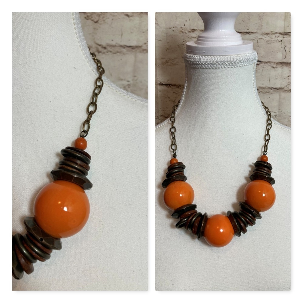 Chunky Orange Resin Bead Statement Necklace Antique Brass Chain Boho Retro Artsy
